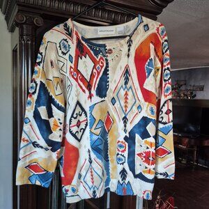 Alfred Dunner printed design Sweater, size L.Vivid colors and beaded neckliine.